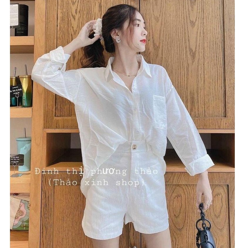Áo sơ mi trắng trơn oversize có túi Áo sơ mi nữ dài tay cổ bẻ chất đũi lụa mềm thiết kế đuôi tôm cá tính phong cách Hàn