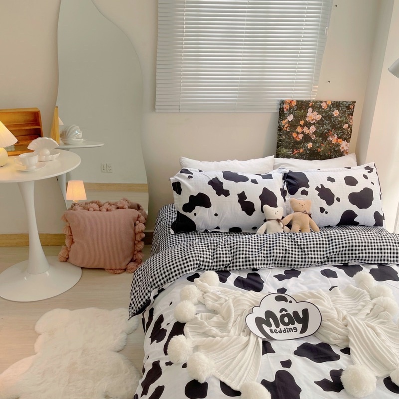 Bộ chăn ga gối cotton poly hoạ tiết bò sữa Mây Bedding
