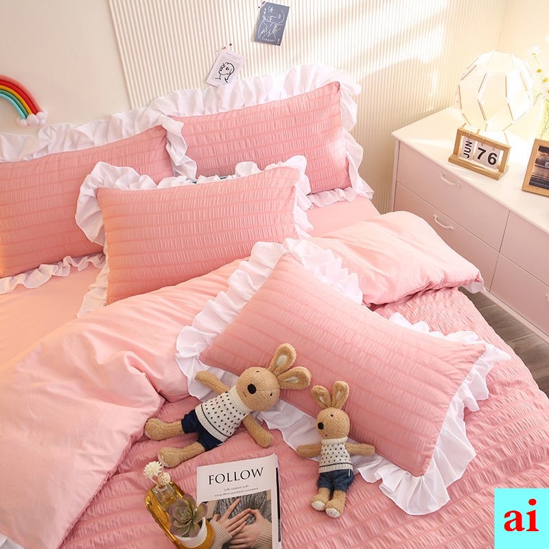 Bộ Vỏ Gối Đơn Màu Trơn Nhún Bèo Phong Cách Công Chúa Hàn Quốc 48x74cm