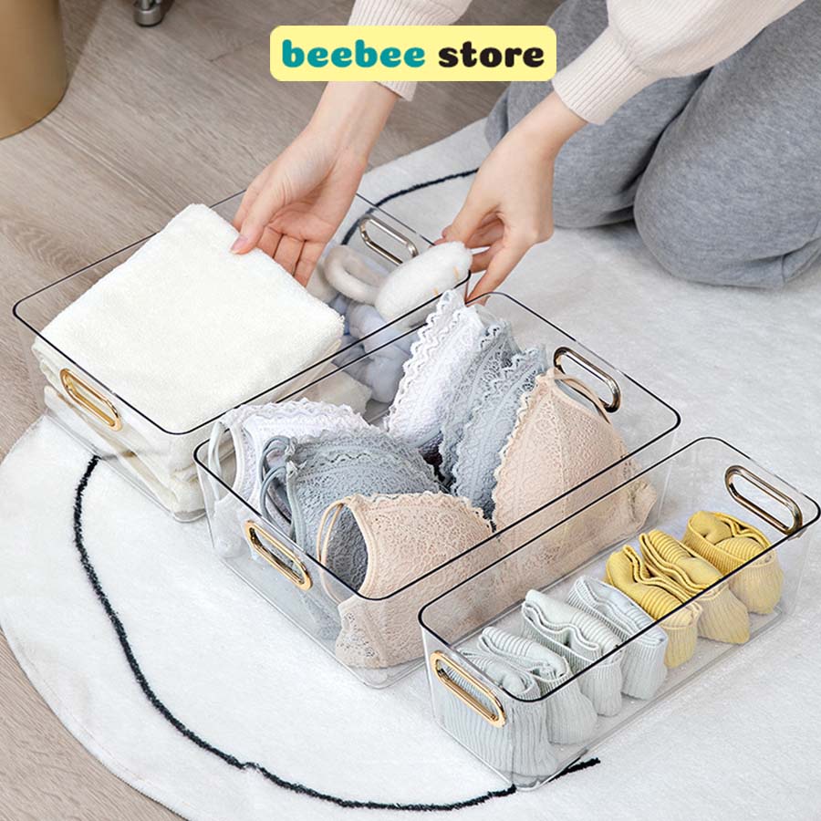 Hộp Đựng Đồ Trong Suốt, Đựng Quần Áo, Đồ Trang Điểm Có Tay Cầm Mạ Vàng Cao Cấp Q054