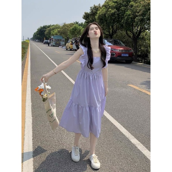 Hàng Quảng Châu Taobao Váy maxi tím 2 dây nơ lưng đi chơi đi biển Đầm Hai Dây Màu Tím Khoai Môn Siêu Mỏ