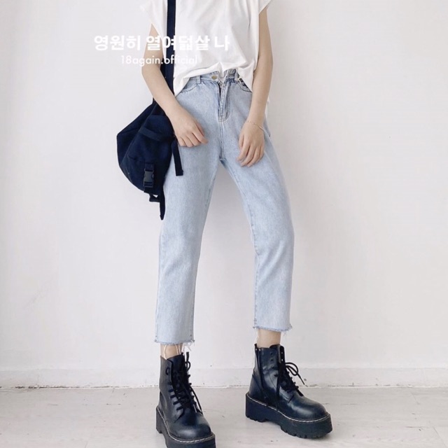 [Bigsize 40-85kg] Quần Baggy BoyFriend Nam Nữ Tua Lai, Lưng Eo Cao Trên Rốn, Không Giãn