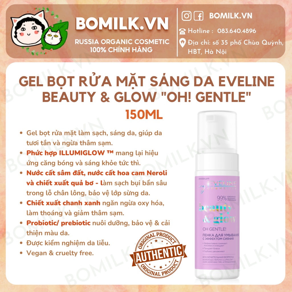 Bọt foam rửa mặt Eveline "Oh, gentle" Beauty & Glow - làm sạch, sáng mịn da