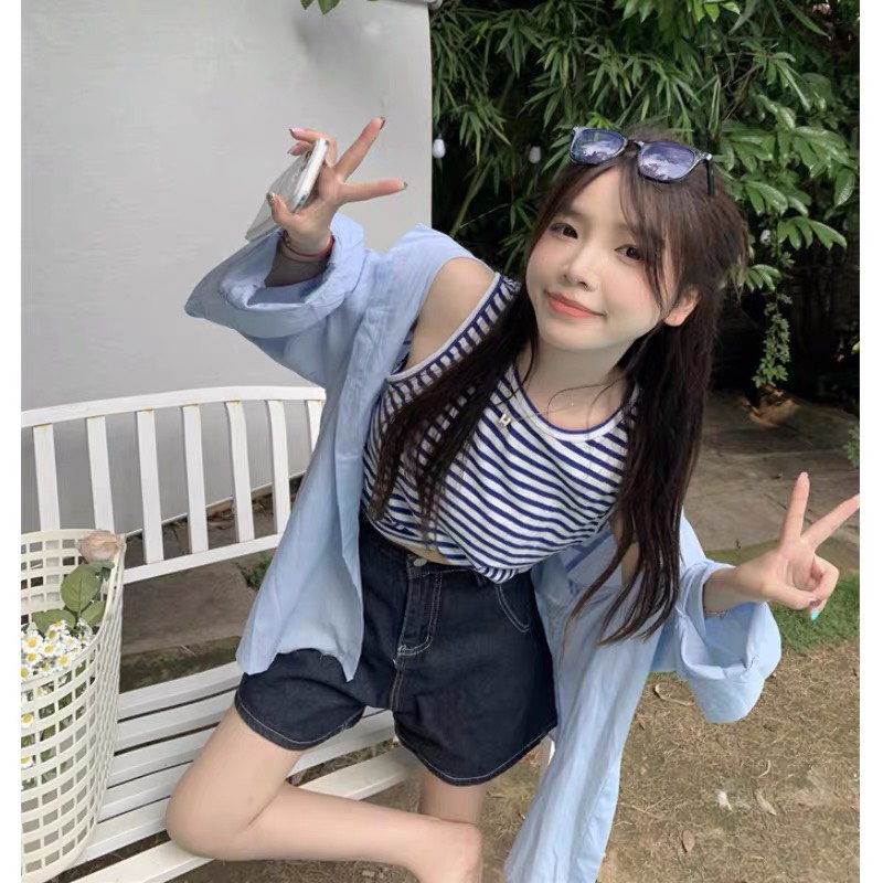 Set bộ áo sơ mi voan với áo  thun 3 lỗ sát nách dáng ôm body cá tính S09