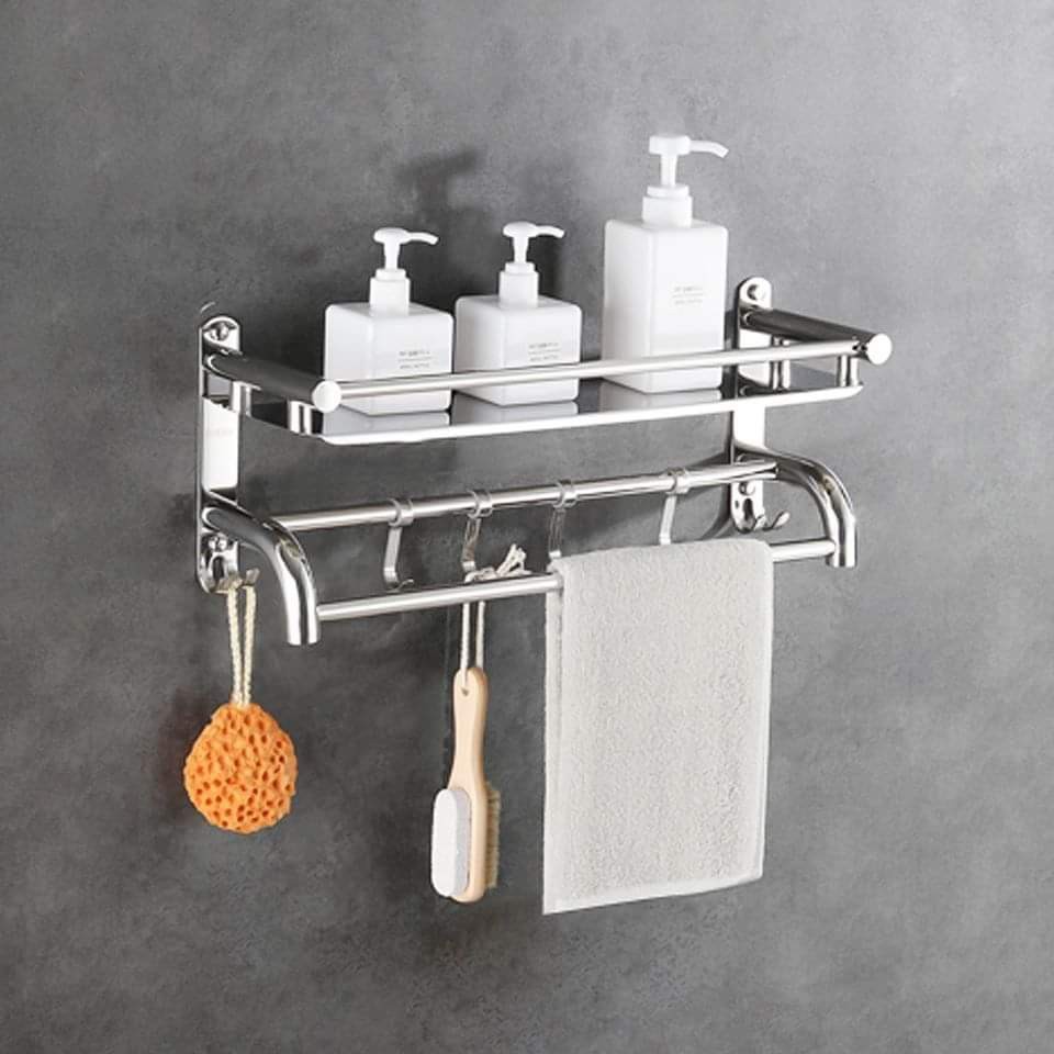 Kệ để đồ nhà tắm INOX, Giá vắt khăn tắm lắp đặt dán tường hoặc khoan vít tường chịu tải 20kg - K301