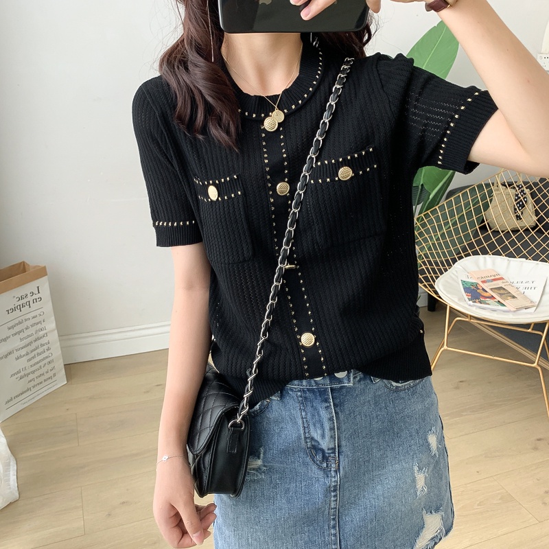 Áo dệt kim SUXI tay ngắn màu trơn phong cách cổ điển dành cho nữ