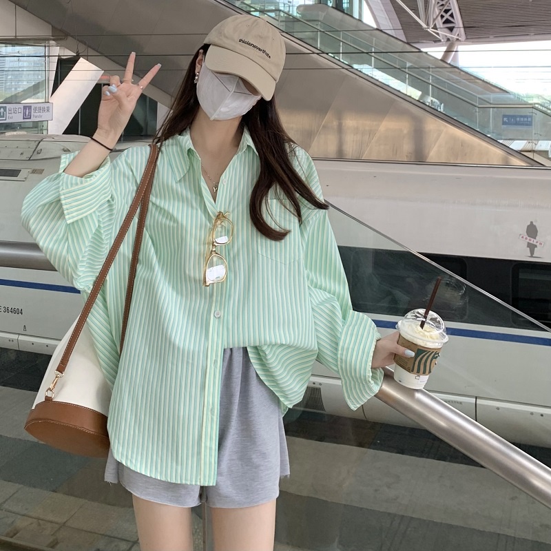 Áo Sơ Mi Chống Nắng Dáng Rộng Họa Tiết Sọc Thời Trang Phong Cách Hàn Quốc Cho Nữ