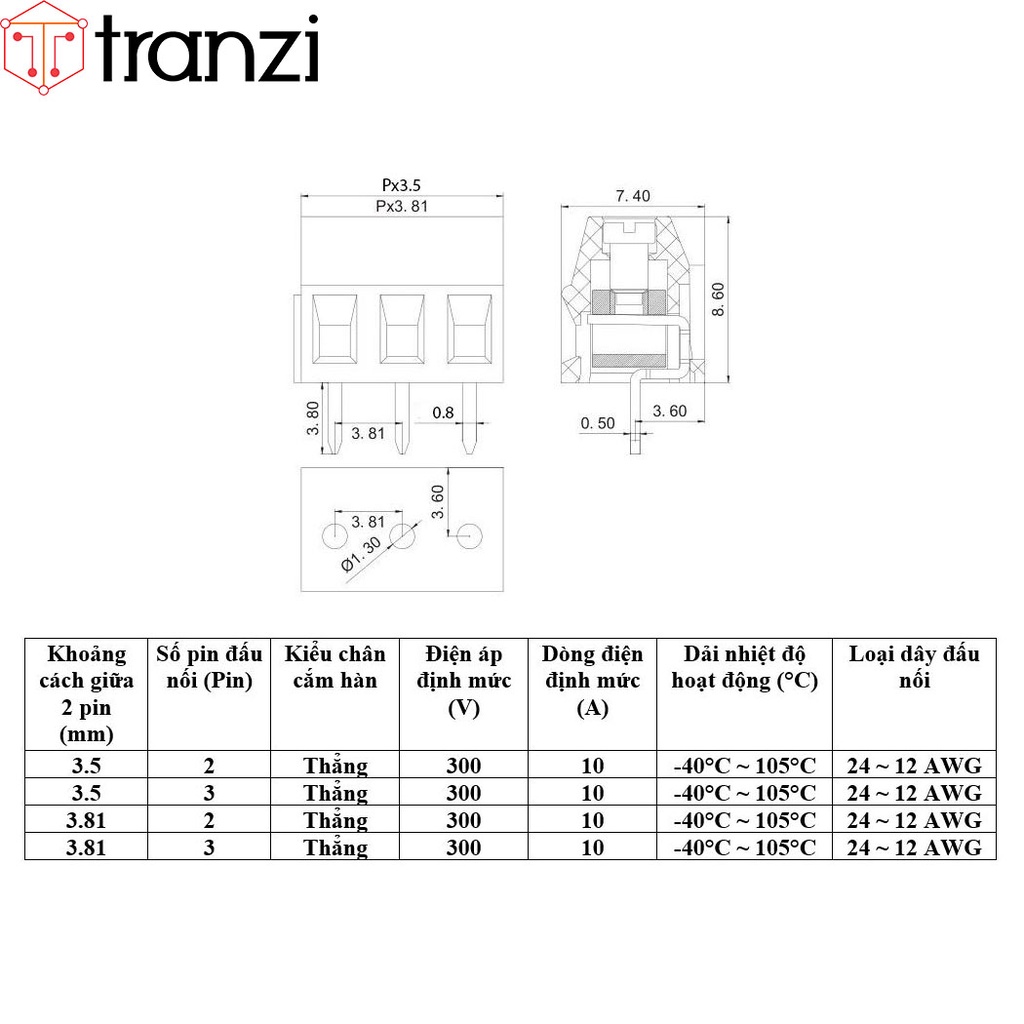 Cầu đấu 2.54mm 3.5mm 3.81mm 5.0mm 5.08mm 7.5mm KF128 2P 3P 4P 5P 6P 7P 8P 9P 10P 12P