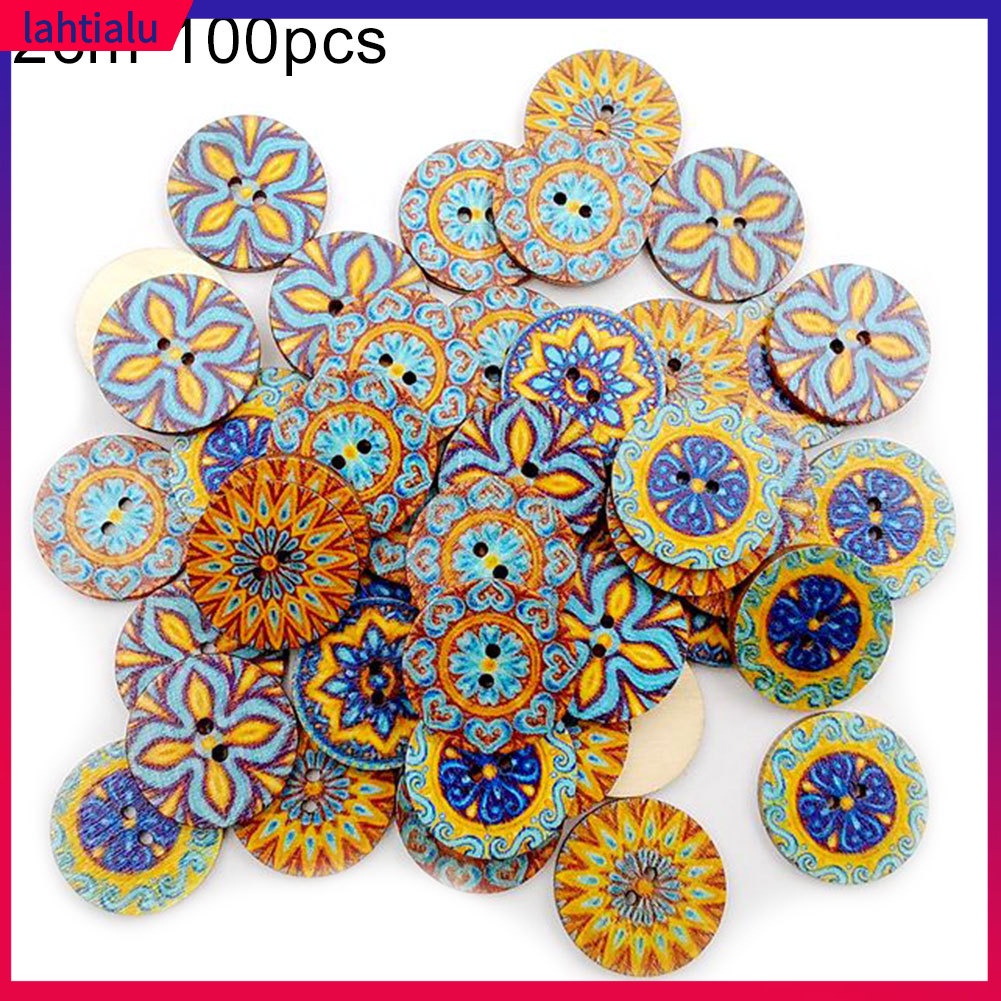 Bộ 100 Cúc Áo Gỗ In Hình Hoa Tròn Cho Túi Xách/Quần Áo DIY