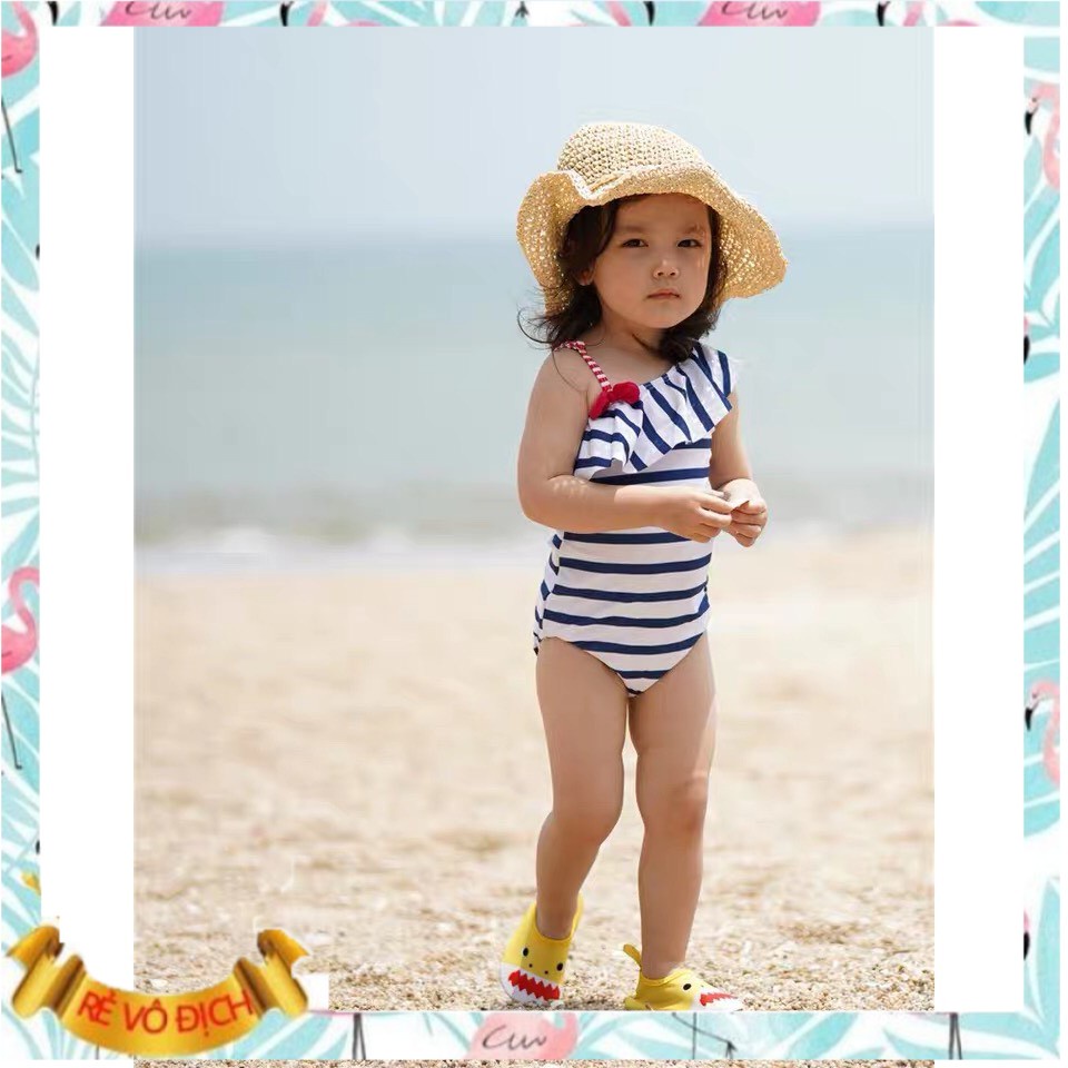 Đồ bơi cho bé gái bikini 2-7 tuổi liền thân kèm mũ vai lệch, Bộ bơi trẻ em cao cấp vải co giãn cực tốt