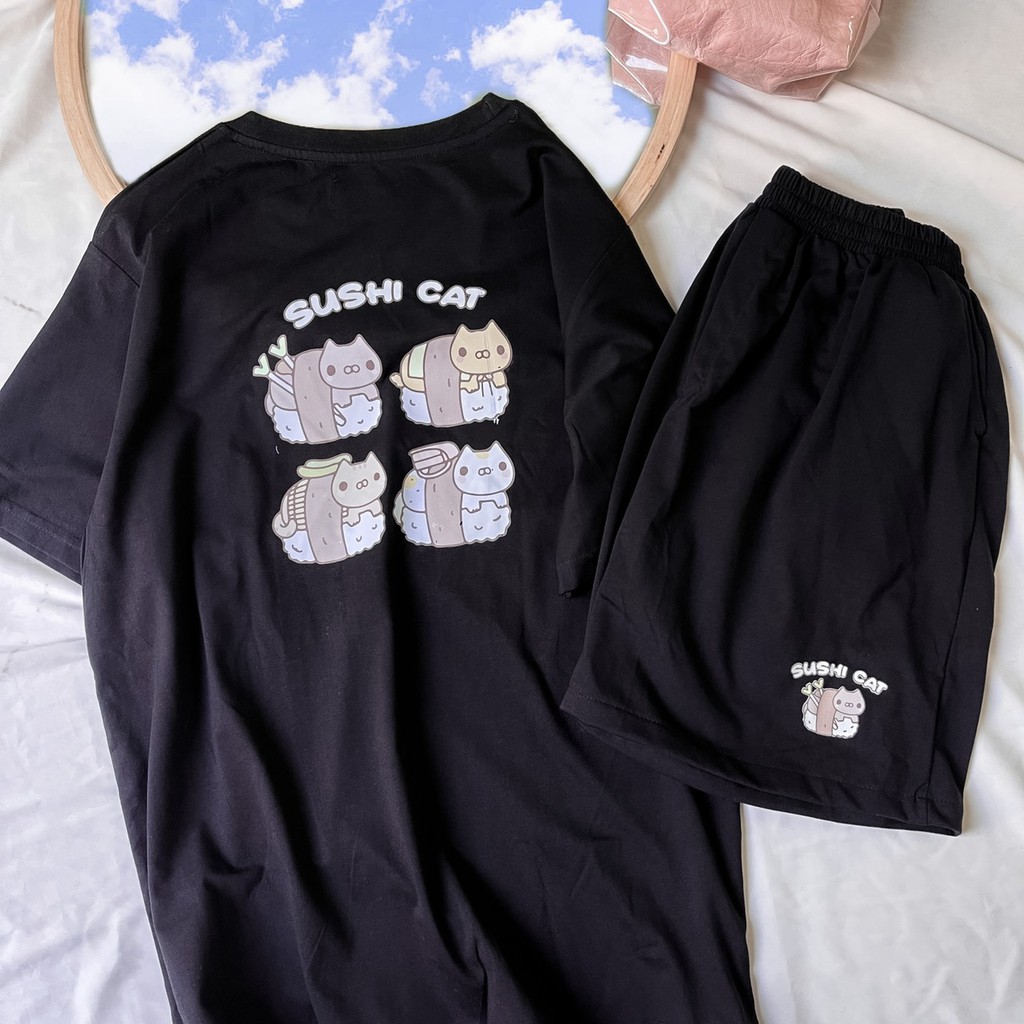 Set thun SUSHI CAT form rộng 2 màu hồng/đen basic ulzzang - Made by Fiin