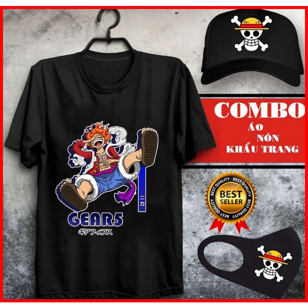 Combo áo thun Luffy Gear 5 One Piece Anime nón + bịt mặt độc đẹp siêu ngầu