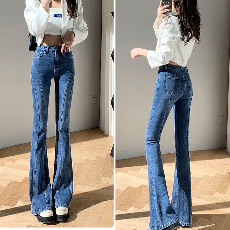 Jiashucheng Quần Jean Ống Loe Lưng Cao Co Giãn Màu Sáng Phong Cách Năm Mới Cho Nữ