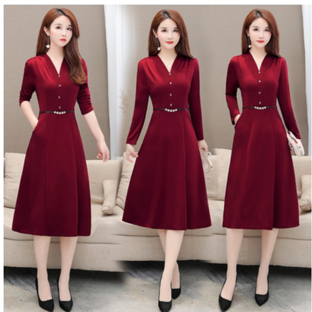 Korean Style Autumn Elegant Women Dinner Dress Plus Size Solid Color Slim V-neck Tunic Midi A-line Cocktail Christmas Party Prom Dresses