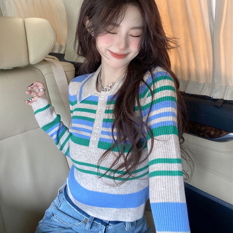 Áo Thun POLO Ngắn Tay Họa Tiết Sọc Ngang Thời Trang Dành Cho Nữ