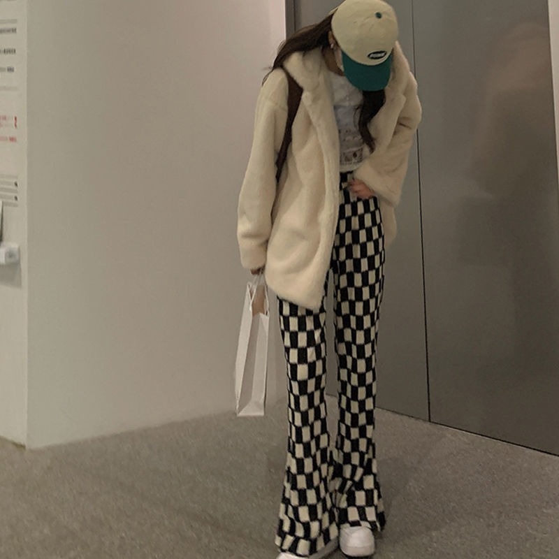 Quần ống rộng họa tiết ô vuông thời trang