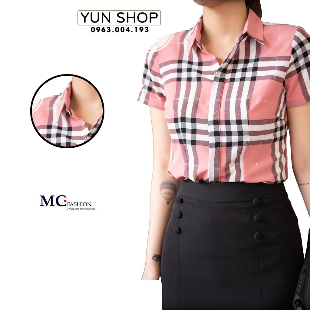 Áo Sơ Mi Nữ- Áo Sơ Mi Công Sở Thanh Lịch Kiểu Dáng Cộc Ngắn Tay  A665 Kẻ Bbr Màu Hồng