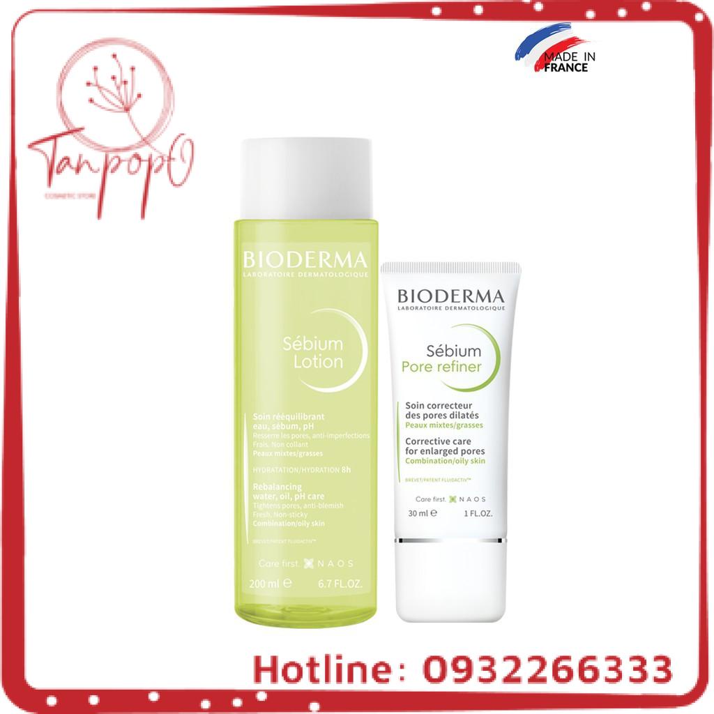 Bộ đôi nước cân bằng cho da hỗn hợp, da dầu Bioderma Sebium Lotion 200ml và Kem dưỡng se nhỏ lỗ chân lông 30ml