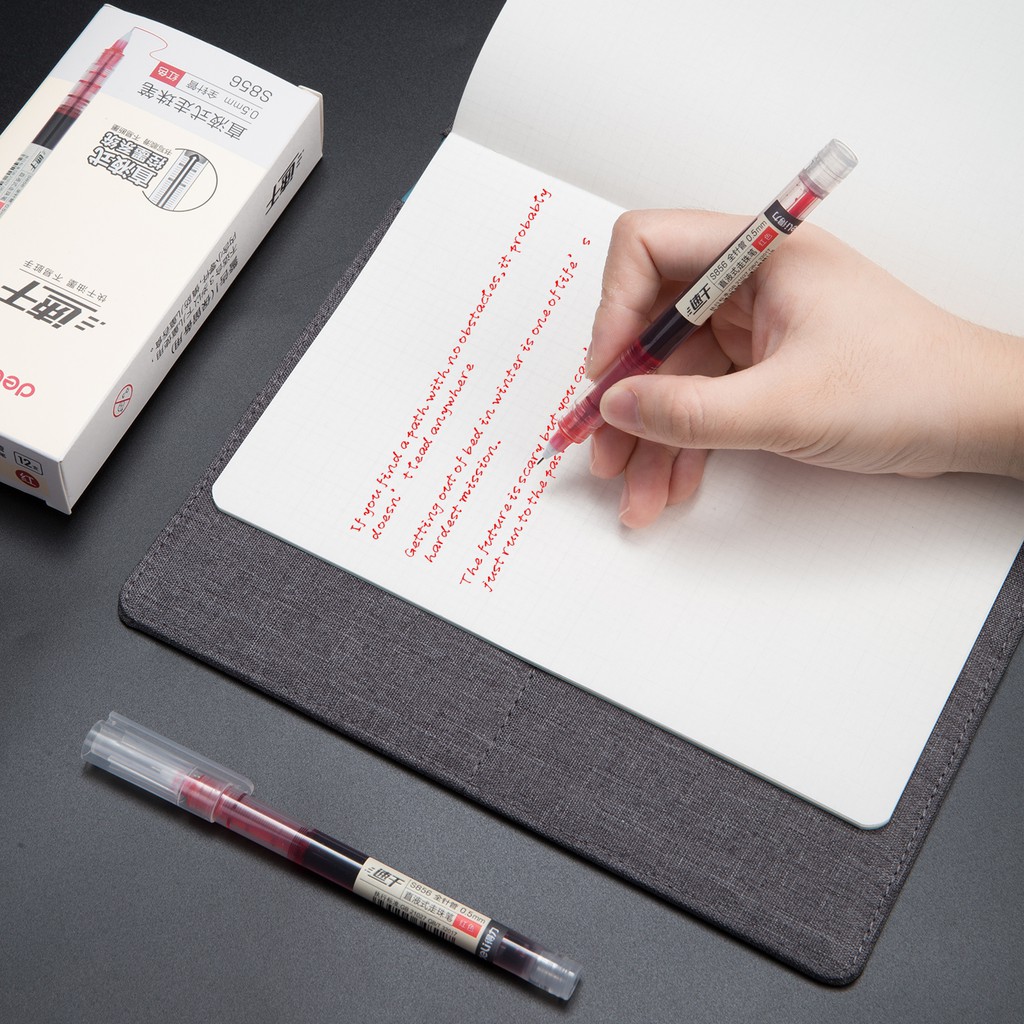 Bút bi nước văn phòng mực gel 0.5mm Deli màu đỏ nhanh khô viết thư pháp ống bút liền lâu hết mực S856