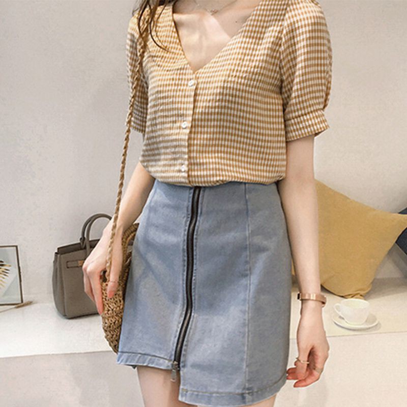 Áo nữ tay ngắn cổ chữ V thời trang plaid shirt | BigBuy360 - bigbuy360.vn