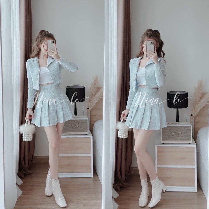 SET 3 MÓN ÁO TAY DÀI CROPTOP KÈM ÁO DÂY + CHÂN VÁY XẾP LY