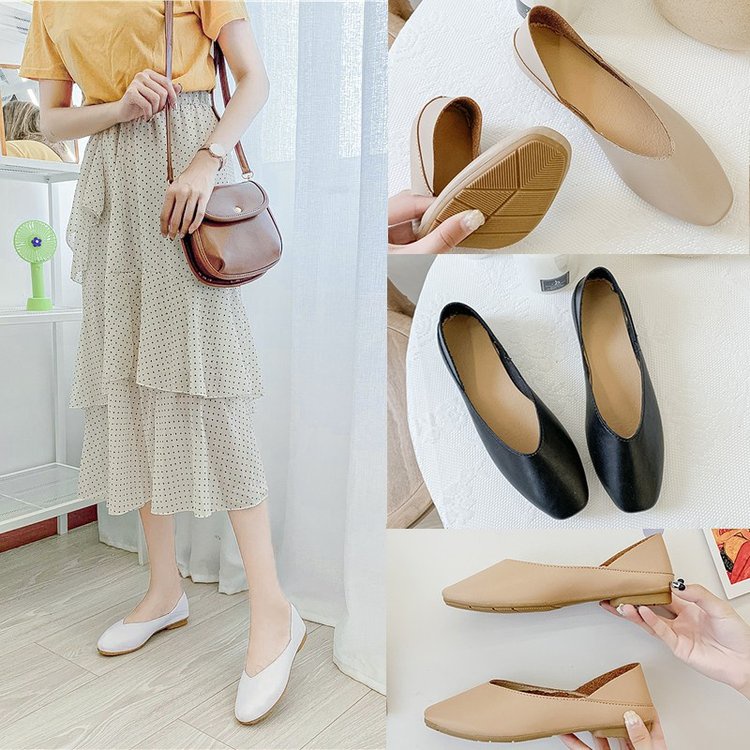 Fashionable New Style Square Head Soft Leather Thick Heel Comfortable Flat Shoe