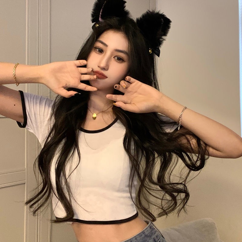 Áo Thun COZOK Croptop Ngắn Tay Cổ Tròn Form Ôm Màu Sắc Tương Phản