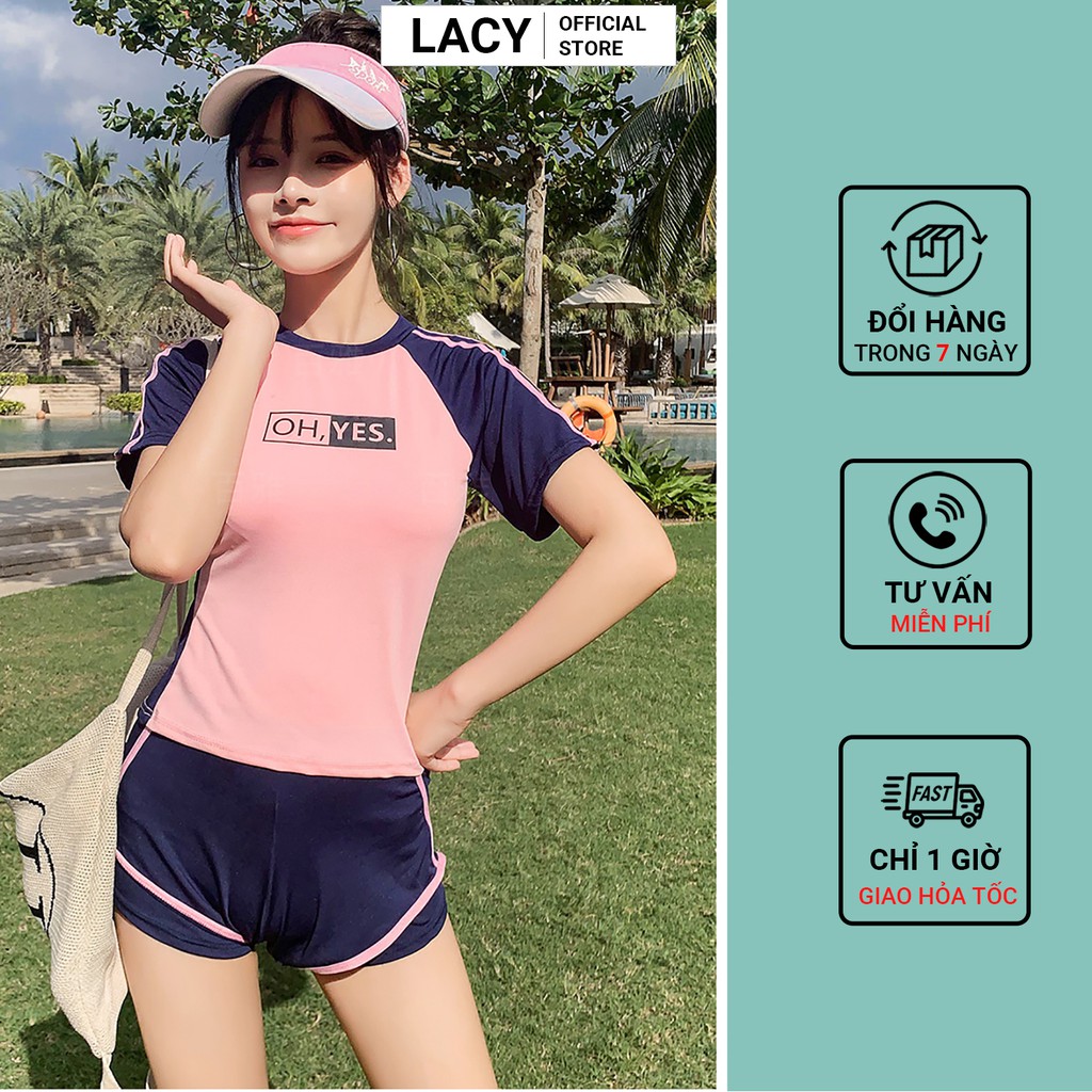 Bộ Đồ Bơi Nữ 2 Mảnh Áo Cộc Quần Đùi Bơi Dáng Thể Thao Màu Hồng Chữ Yes No Mặc Đi Tắm Biển Đi Bơi B097 | BigBuy360 - bigbuy360.vn