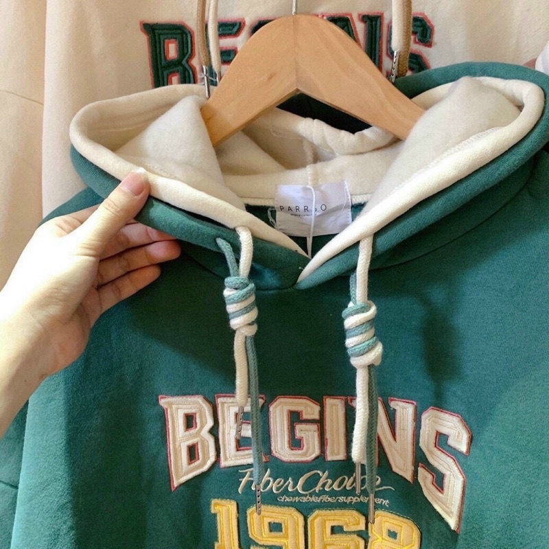 Áo nỉ hoodie 2 mũ xanh rêu thêu gấu nỉ tàu siuu ấm [annstore_ảnh thật]