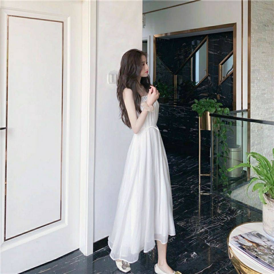 Đầm Maxi hai dây màu trắng phong cách retro thời trang mùa hè thiết kế mới quyến rũ