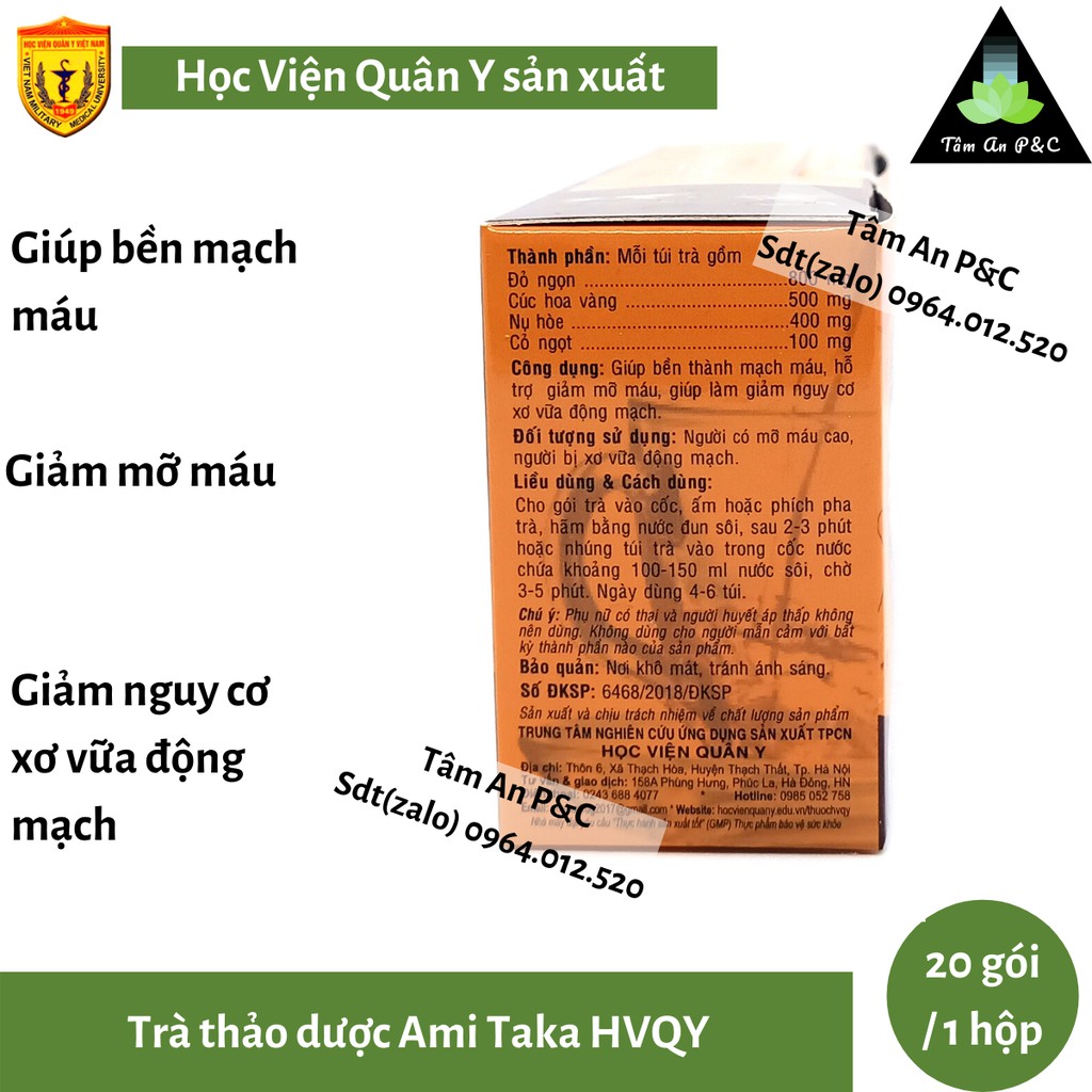 Trà Thảo Dược Ami Taka-Học Viện Quân Y (hộp 20 gói)- Bền mạch máu, ngăn ngừa xơ vữa động mạch-CHÍNH HÃNG HVQY