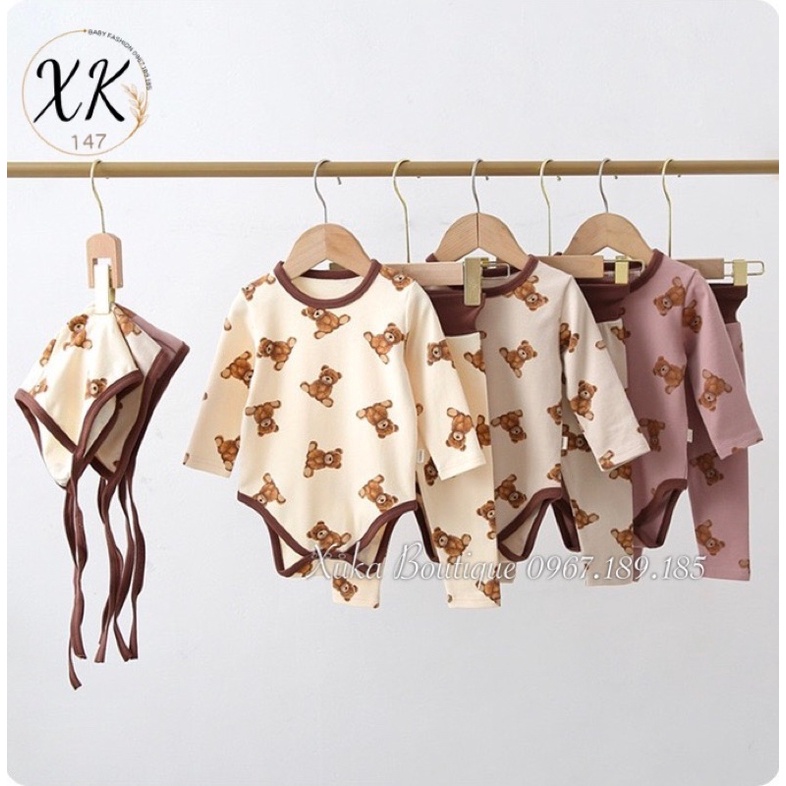 Bodysuit Kèm Quần + Mũ Hình Gấu Cao Cấp Cho Bé 0-2 Tuổi Style Hàn Quốc Cotton Dài Tay Thu Đông Cực Đẹp
