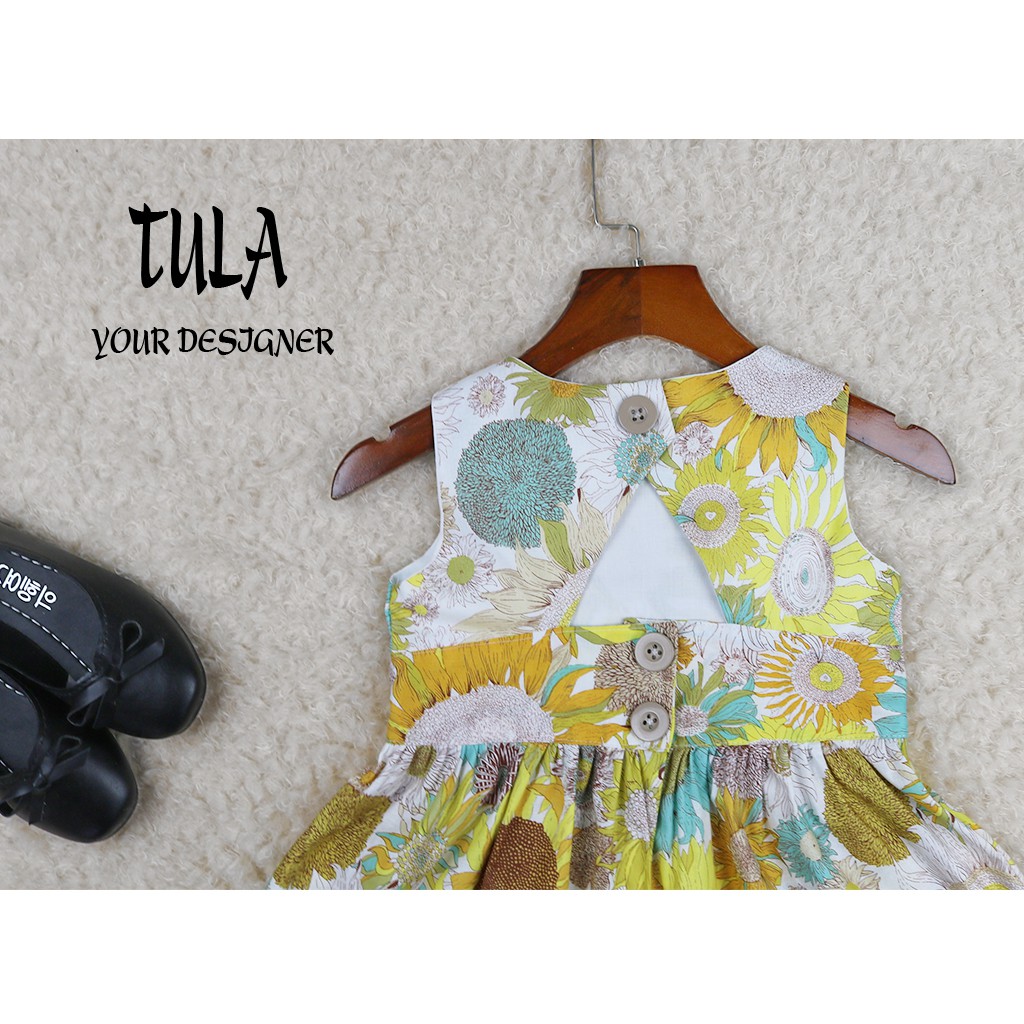 Váy Đầm Cho Bé Gái Họa Tiết Hoa Hoa Hướng Dương Vàng Khoét Lưng Cúc Sau Cực Xinh Vải Thô Hàn Quốc