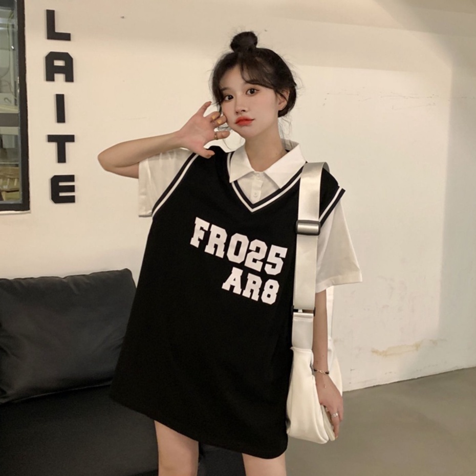 Đầm Thể Thao Ngắn Tay Dáng Rộng Có Cổ Thời Trang Hàn Quốc Cho Nữ