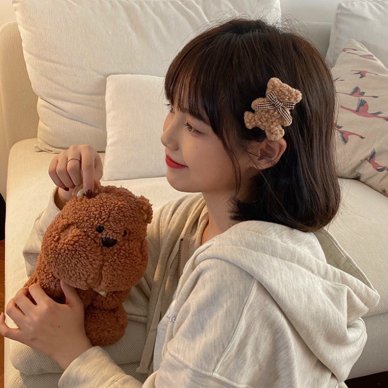 Kẹp tóc lông xù hình gấu phong cách Hàn Quốc tinh tế thời trang cho nữ