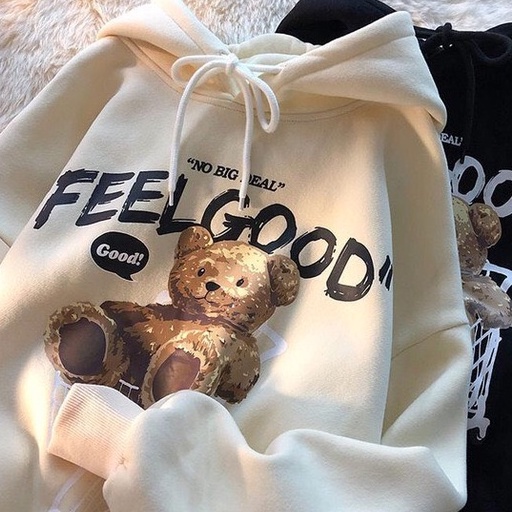 Áo hoodie nam nữ form rộng 2N Unisex nỉ bông in hình gấu FEEL GOOD màu đen/be