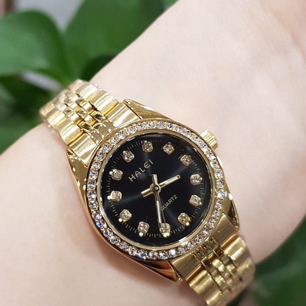 Nhập TONY5KT6 Giảm 5K Đơn 99K_Đồng Hồ Nữ Halei Viền Đá Dây Mạ Vàng không ghỉ, chống nước, chống xước tuyệt đối