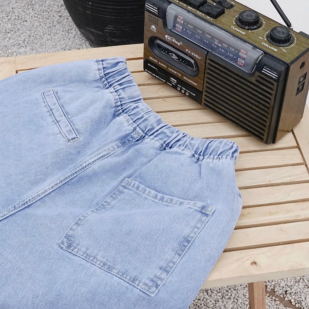 Quần jean nam xanh Logo cạp chun bigsize dáng baggy có size dành cho người ngoại cỡ đến 105kg - MALTRIK