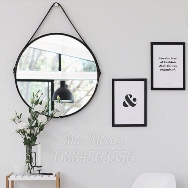 Gương treo tường Gương tròn viền dây da treo trang trí