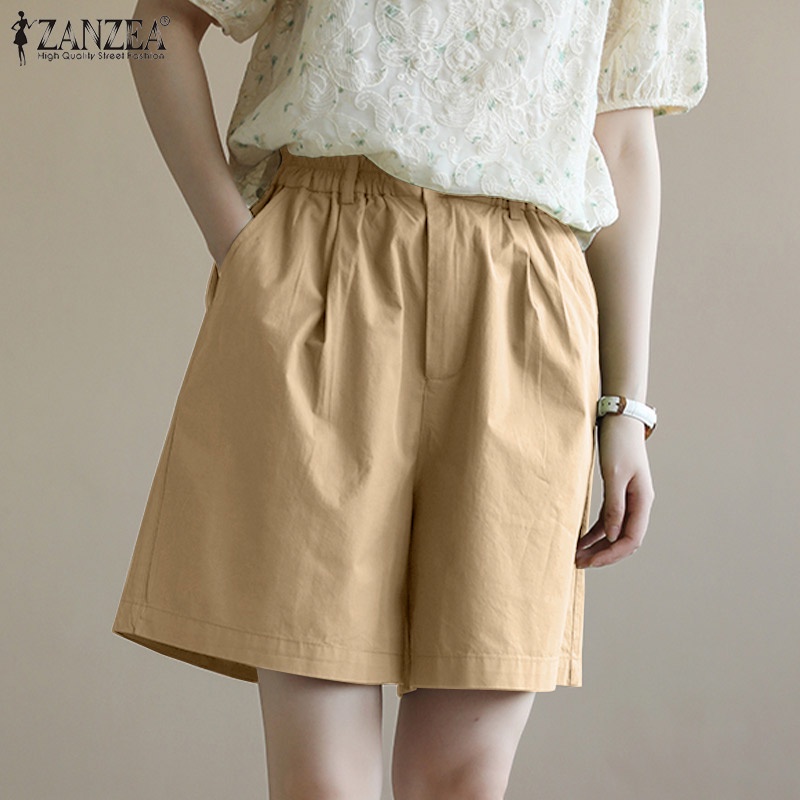 Quần đùi ZANZEA ống rộng lưng thun màu trơn đơn giản phong cách Hàn Quốc cho nữ