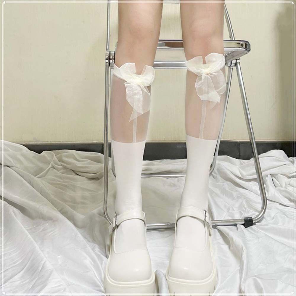 Vớ Dài Qua Gối Phối Ren Mỏng Đính Nơ Phong Cách Lolita Ngọt Ngào Cho Nữ BACK2LIFE