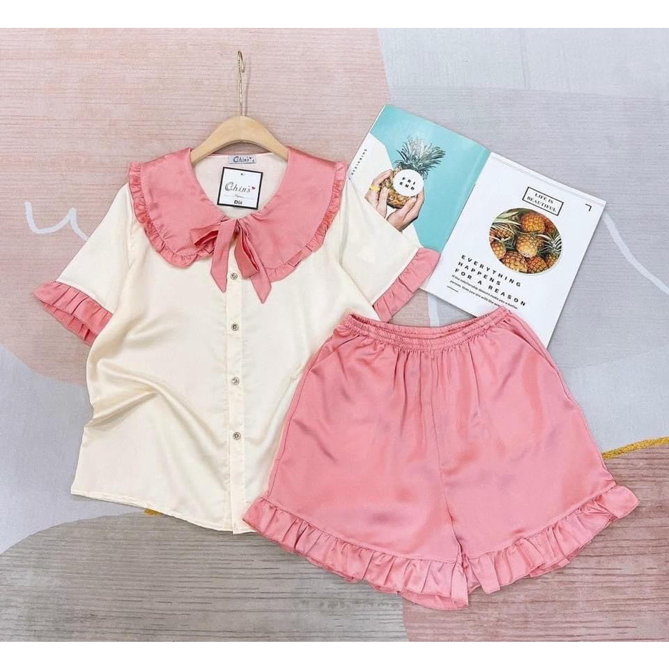 Đồ bộ pijama đùi cổ bèo chất Kate freesize&lt;60kg
