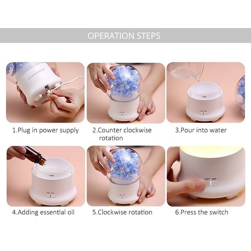 Máy khuếch tán tinh dầu quả cầu hoa tặng kèm 2 chai tinh dầu nguyên chất 10ml sả chanh và bạc hà