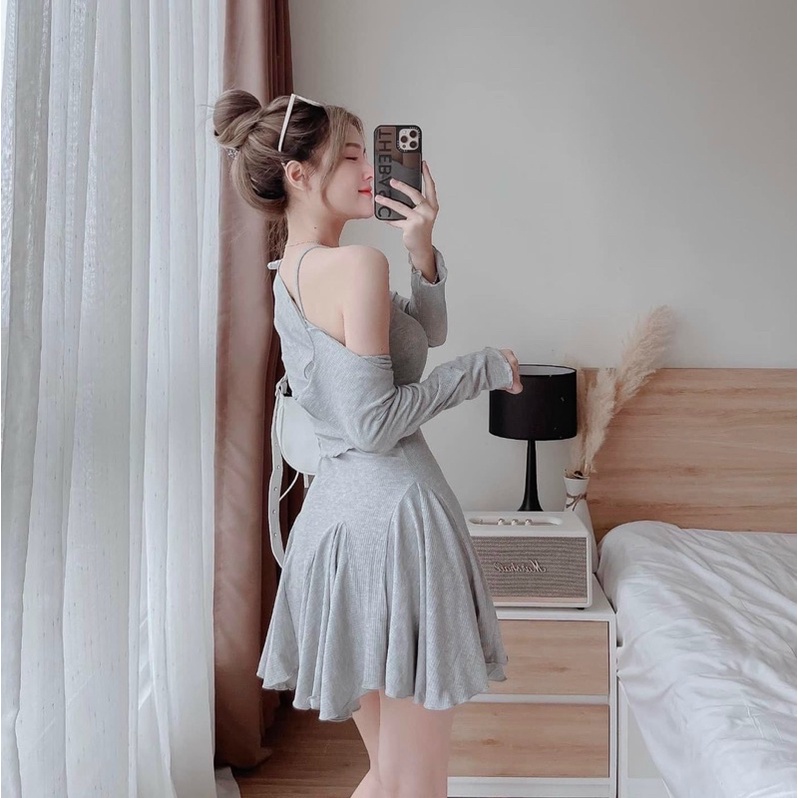 Set đầm 2 dây body đuôi cá xoè và áo khoác croptop tay dài, set đầm body xếp ly đuôi cá vải thun gân dày dặn co giãn tốt