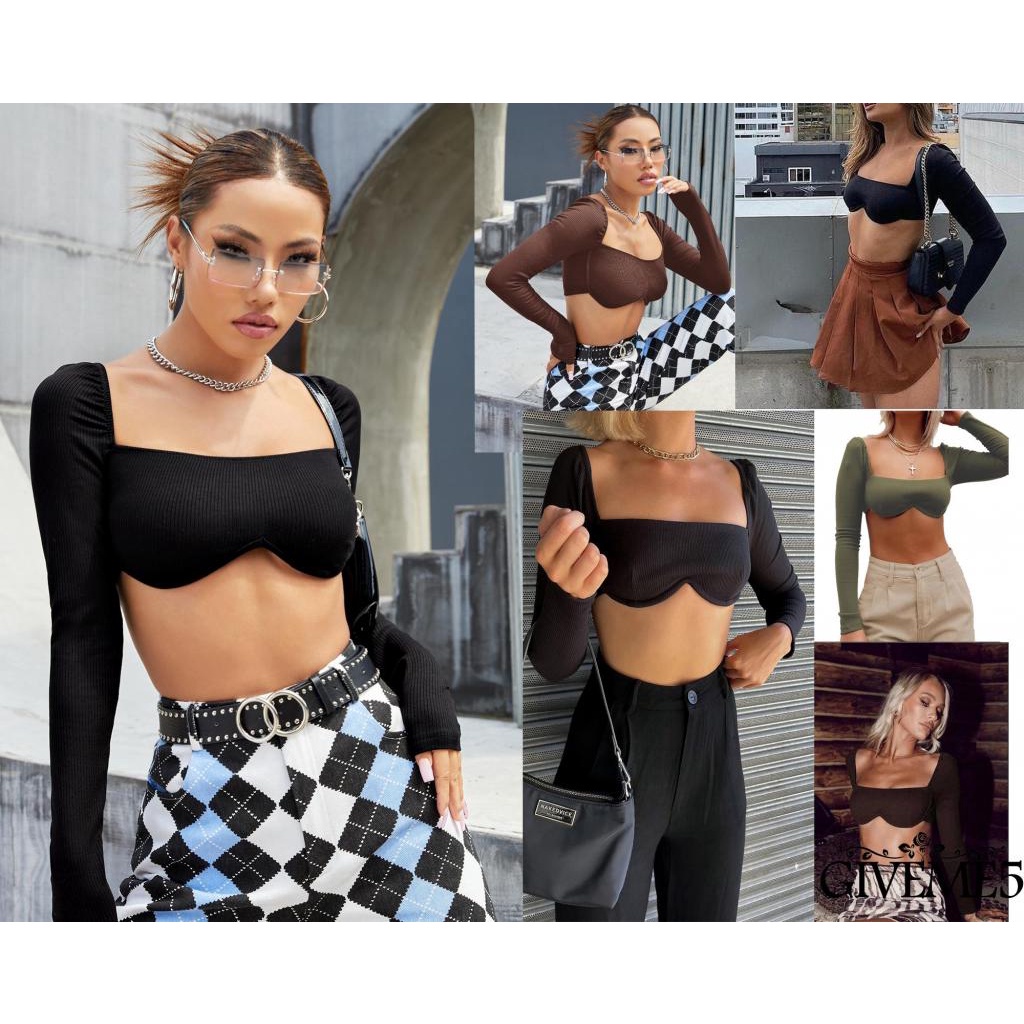 Áo croptop dệt kim tay dài cổ vuông màu sắc gợi cảm cho nữ
