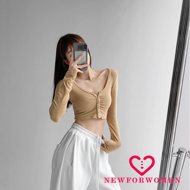 Áo Croptop Tay Dài Cổ Chữ V Màu Sắc Thời Trang Cho Nữ