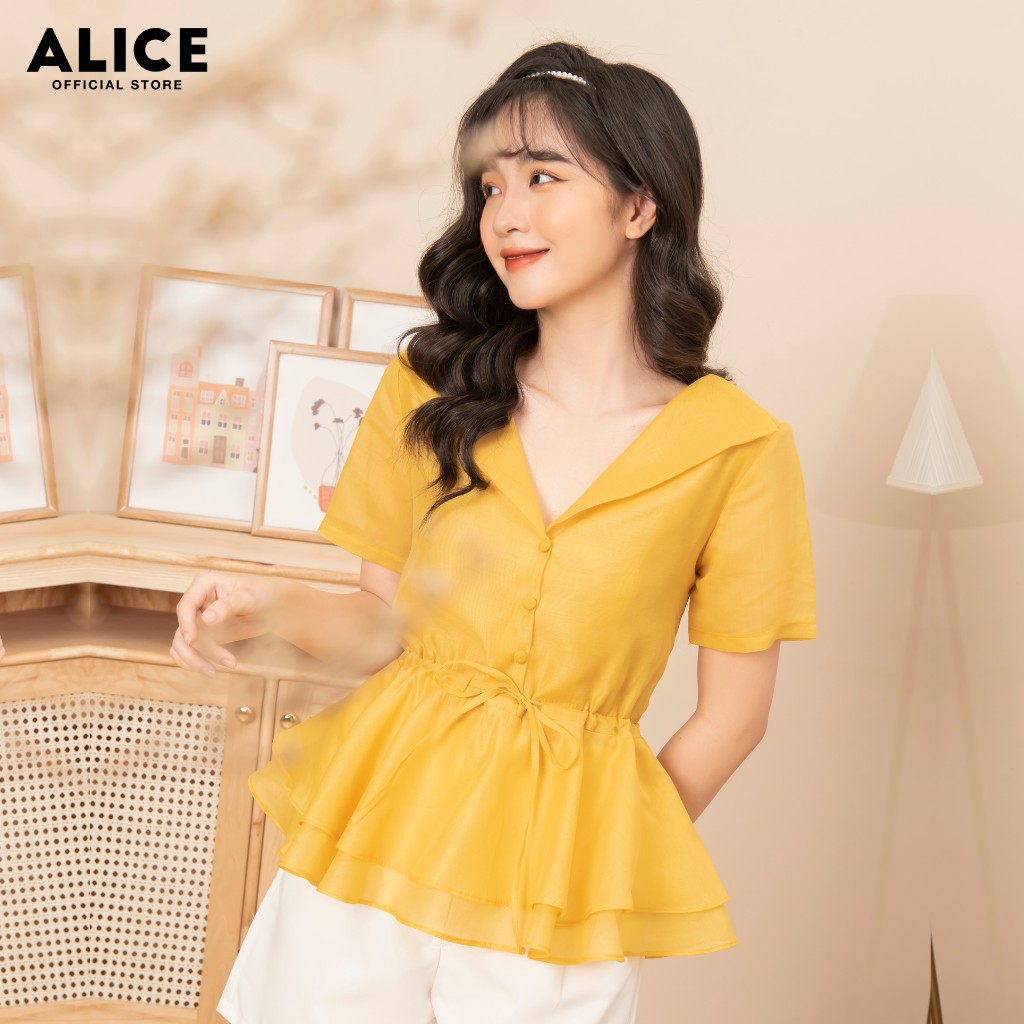 Áo Sơ Mi Nữ Cao Cấp ALICE Dáng Ôm Chun Eo Thắt Nơ Bèo Gấu Cổ V Chất Liệu Tơ Xước Mềm A205