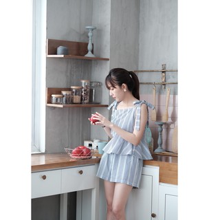 [ Thanh Lý nghỉ bán] MS05-Bộ pijama mặc nhà vải thô Bộ nơ vai sọc xanh / đen