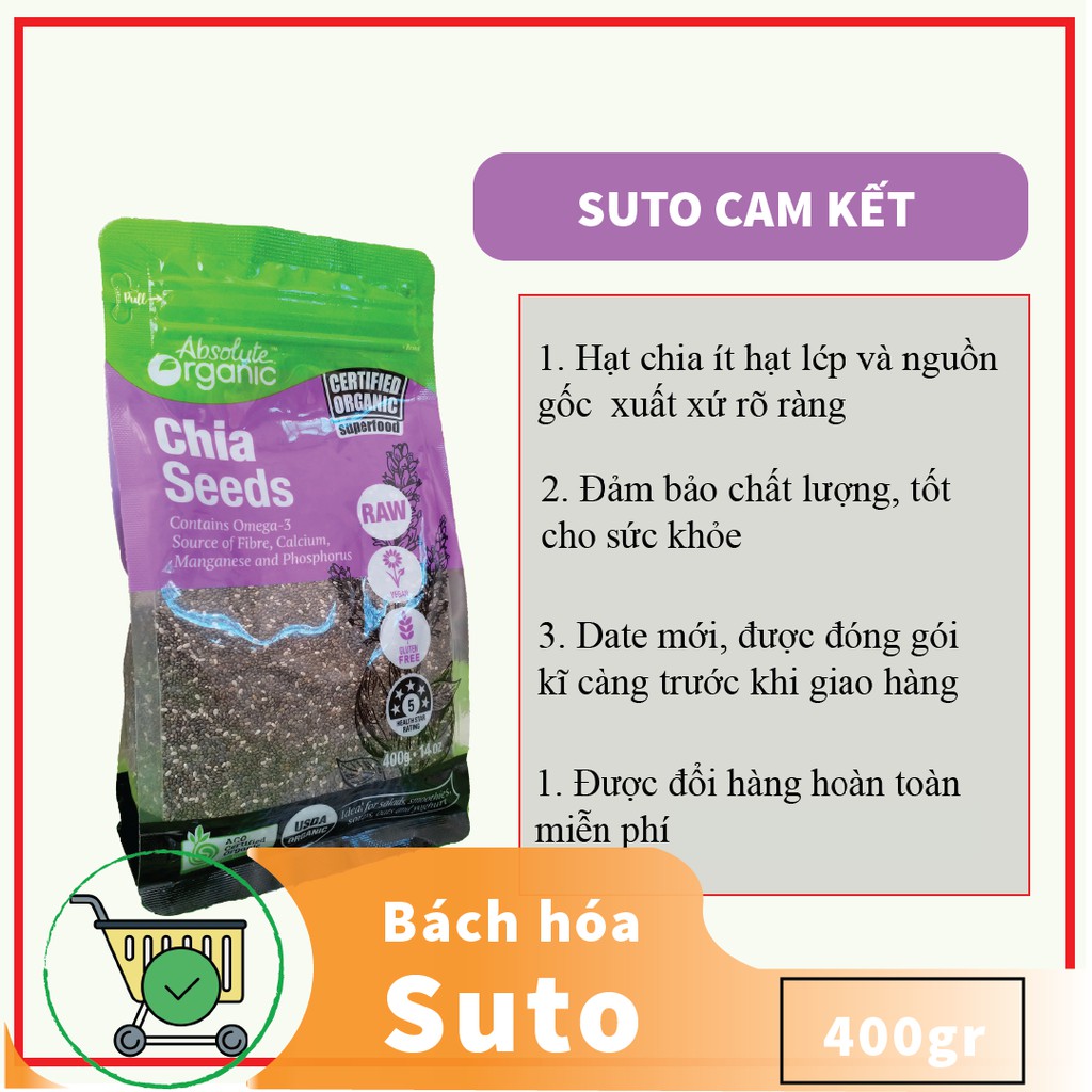 Hạt chia úc Absolute organic túi 400g có tem chống giả bộ công an giúp giảm cân, đẹp da, bổ sung chất dinh dưỡng susuto