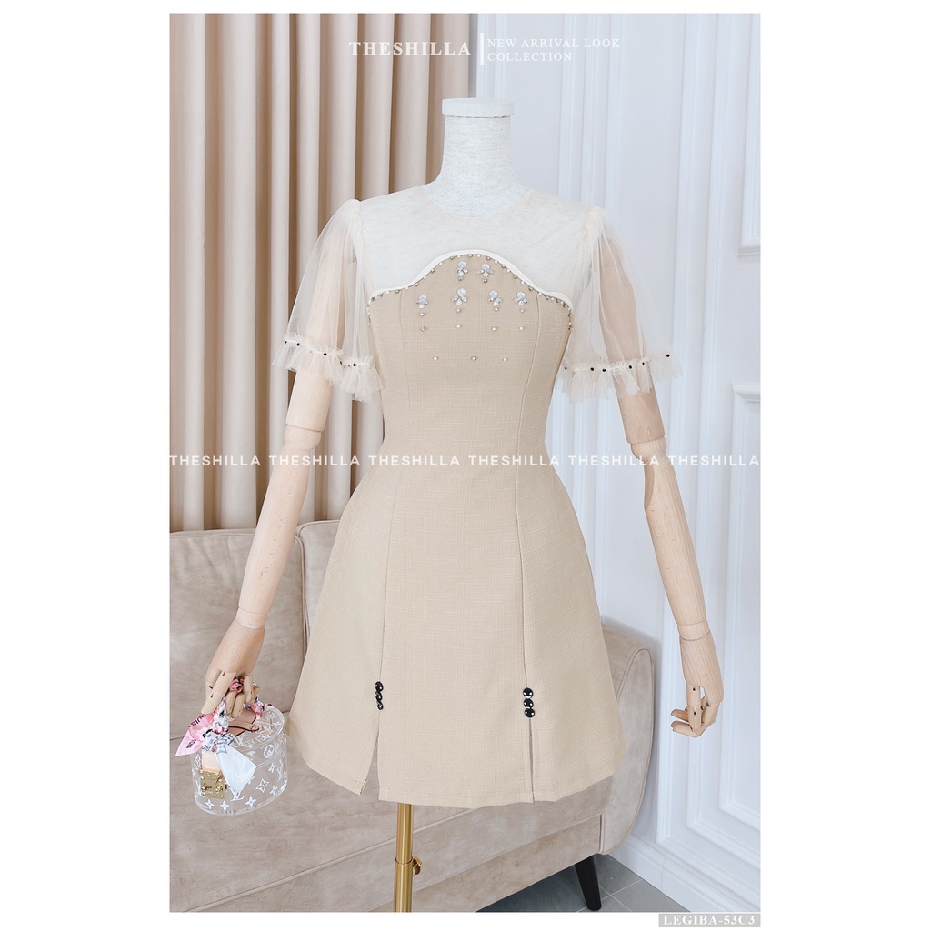 Váy thiết kế cao cấp màu kem tay lưới đính pha lê  The Shilla - Legiba-53C3